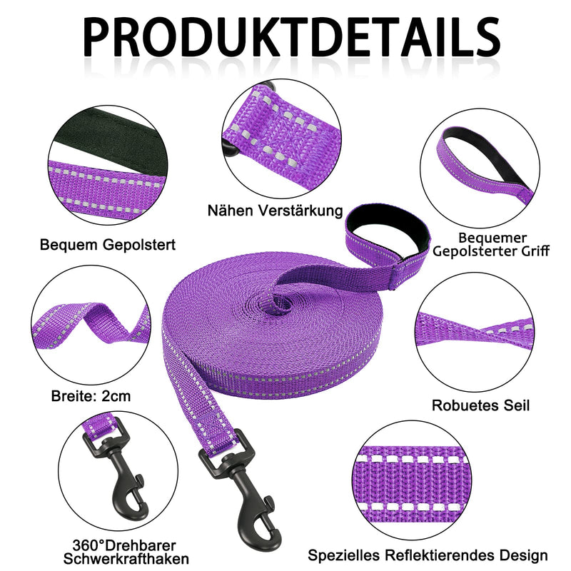 Demigreat towing leash for dogs, 3m / 5m / 10m / 15m / 20m robust long dog leash, reflective training leash with padded handle and hand strap, training leash for small to large dogs 5m/16ft purple - BeesActive Australia