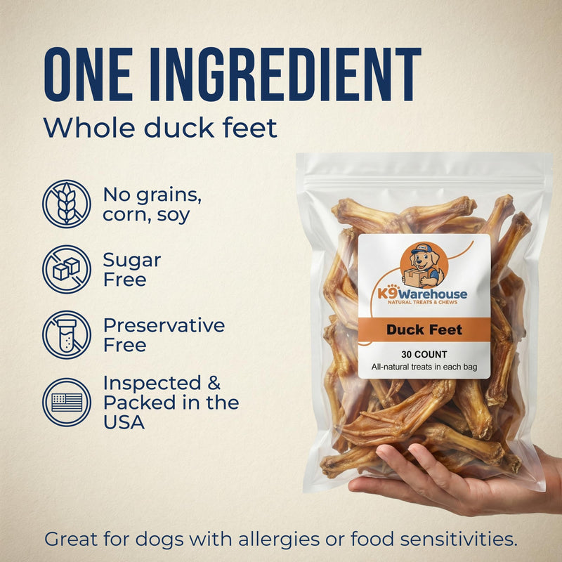 K9warehouse Duck Feet for Dogs – High Protein Dehydrated Dog Treats, Natural Crunchy Chews with Collagen, Glucosamine & Chondroitin for Joint & Hip Health, Dental Care, Small to Large Breeds (30 pcs) 30 Pack - BeesActive Australia