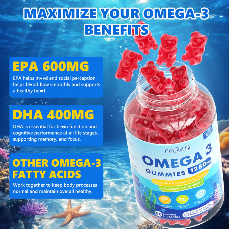 Omega 3 Gummies 1280mg, Omega 3 Supplements for Women, Raspberry,120 Count | Vegan Omega 3 Fatty Acid Supplements, w/EPA 600mg & DHA 400mg &Vitamins - for Brain, Eye, Immune Health, Sugar Free