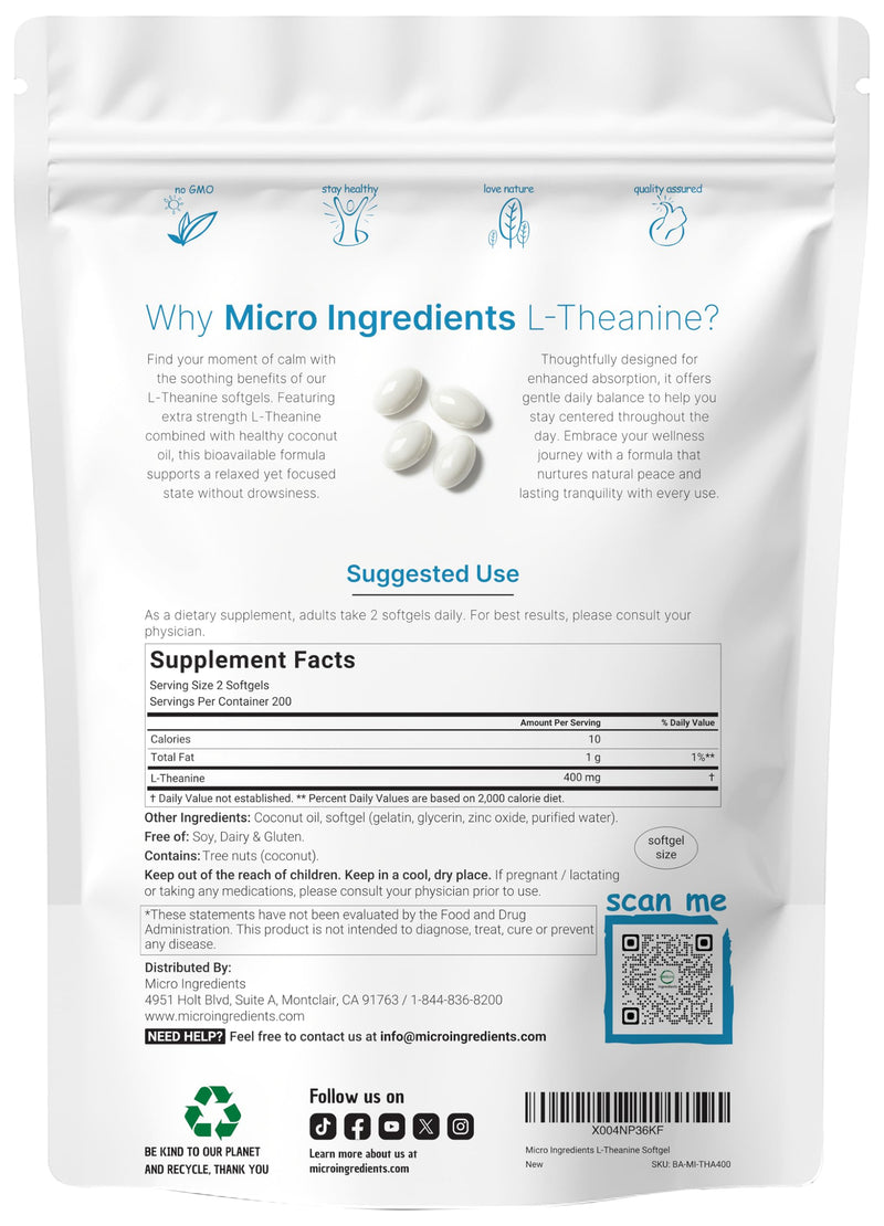Micro Ingredients L-Theanine 400mg, 400 Softgels | Highly Bioavailable with Coconut Oil | Extra Strength Theanine Amino Acid | Calm & Relaxation Support + Focus Supplement | Non-GMO, Gluten Free