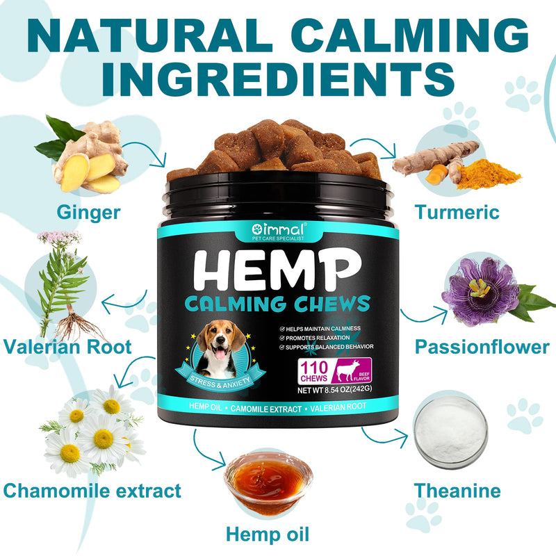 Calming Dog Treats 110 Count, Beef Flavored Hemp Calming Chews for Dogs, Helps with Dog Anxiety, Separation, Barking, Stress Relief, Sleep Calming Aid, for All Breeds & Sizes