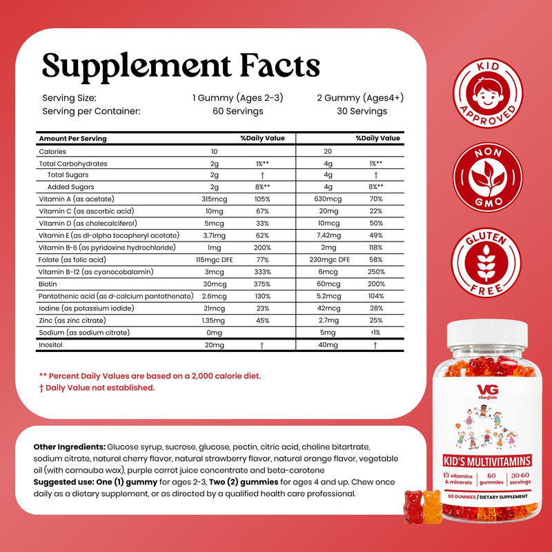 VITA GLOBE Kids Multivitamin Gummies with Vitamins A C D E B6 B12 | Kids Chewable Vitamins, Non-GMO, Vegan, Immune & Growth Support, 60 Gummies 60 Count (Pack of 1)