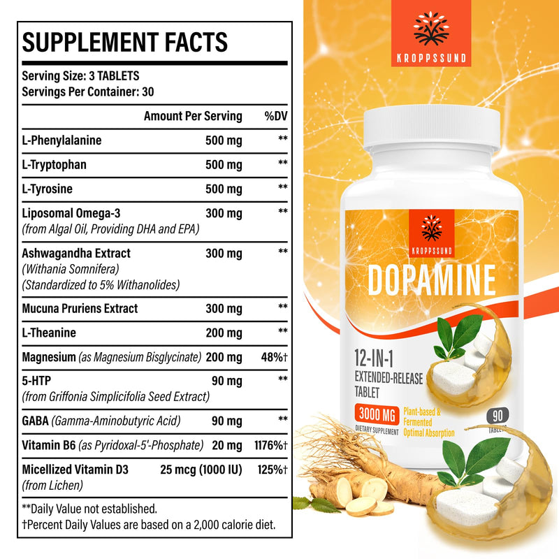 Kroppssund Dopamine Supplements with L-Theanine & Ashwagandha, 12-in-1 Extended Release Formula, 3000mg Per Serving, 90 Tablets (2 Bottle) | Dopamine Supplement, 12-in-1 with L-Theanine & Ashwagandha, 180 Tablets Unflavored 90 Count (Pack of 2)