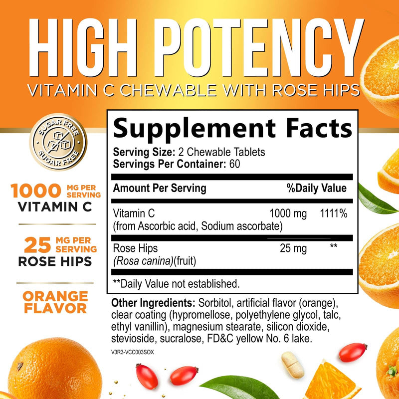 Vitamin C 1000mg Per Serving - Extra Strength Daily Immune Support with Rose Hips Chewable Supplement - Sugar Free Tasty Orange Flavor - Antioxidant & Collagen Support - USA Bottled - 120 Tablets 120 Count (Pack of 1)