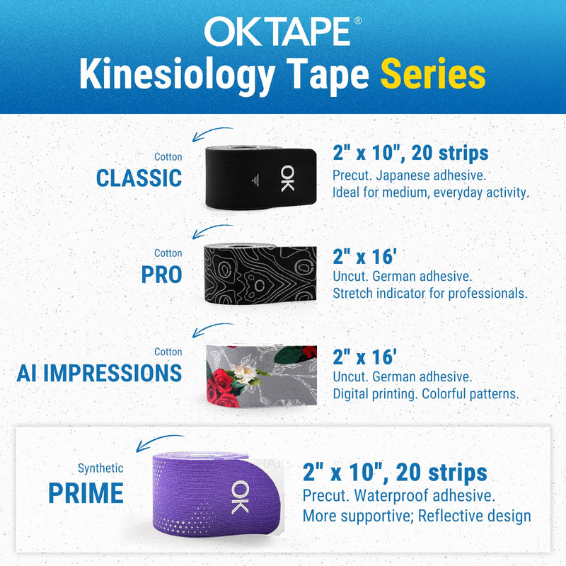 OK TAPE Synthetic Kinesiology Tape, 20 Strips Precut K Tape, Waterproof, Elastic Athletic Tape for Pain Relief & Muscle Support, Reflective Design, 2" x 10" -Purple 1 Roll Purple - BeesActive Australia