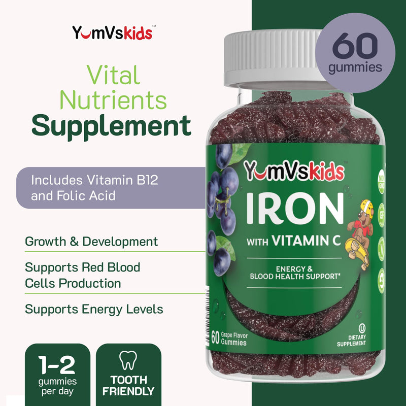 Iron Supplement for Kids – 5 mg Kids Gummies with Vitamin C – Great-Tasting Gummies Grape Flavor – Supports Immune Health & Helps with Iron Deficiency – Vegan, Kosher, Non-GMO – 60 Count