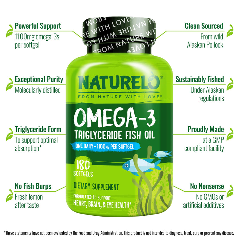 NATURELO Burpless Omega 3 Fish Oil Supplement, 1100mg, 180 Softgels | Triglyceride omega-3, omega 3 DHA EPA, liquid fish oil, 6 months supply 180 Count (Pack of 1)