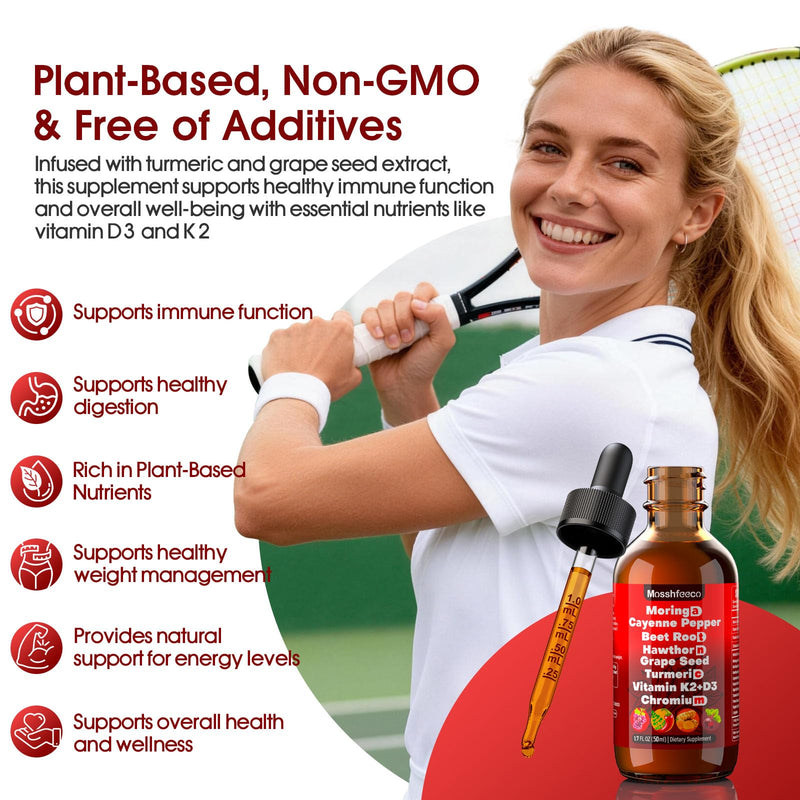 Cayenne Pepper Drops Supplement - Liquid Herbal Formula with Hawthorne Berry, Moringa, Ceylon Cinnamon, Vitamin D3, K2, Beet Root, Turmeric, Grape Seed & L-Arginine | Plant Based for Men & Women 50ML 1.69 Fl Oz (Pack of 1)