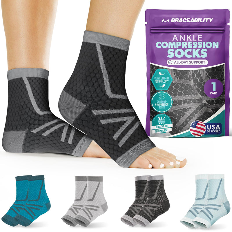 BraceAbility Athletic Ankle Compression Socks for Men or Women - Toeless Running Ankle Brace Support Sleeves for Sports, Workout, Plantar Fasciitis, Achilles Tendonitis, Foot Pain Relief (XS - Black) X-Small