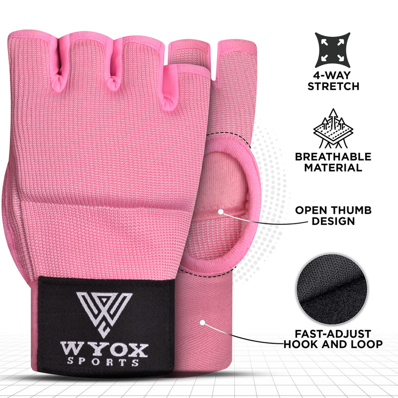 WYOX Gel Boxing Hand Wraps Inner Gloves for Men & Women – 80cm Quick Wrist Strap, Padded Knuckle Support, Fingerless MMA Muay Thai Kickboxing Wraps for Training, Punching & Martial Arts Small-Medium Pink