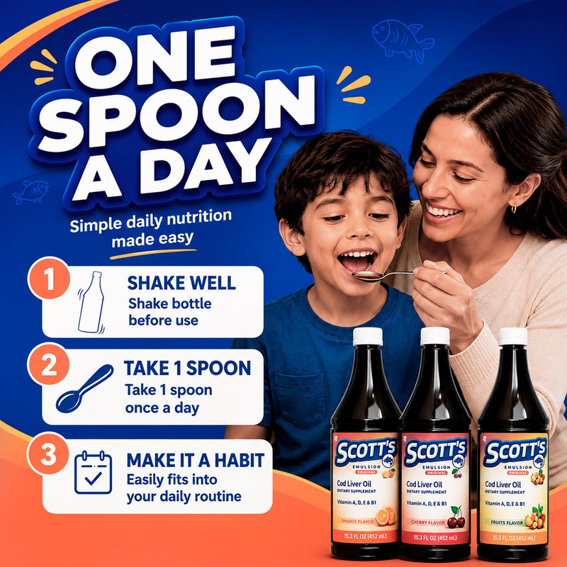 SCOTT'S EMULSION Cod Liver Oil Liquid for Kids – Fruits Flavor – Supports Growth, Immunity & Bone Health – Rich in Omega 3 & Vitamins A+D – Easy-to-Take Fish Oil – 6.5 Fl Oz Fruit Punch 6.5 Fl Oz (Pack of 1)