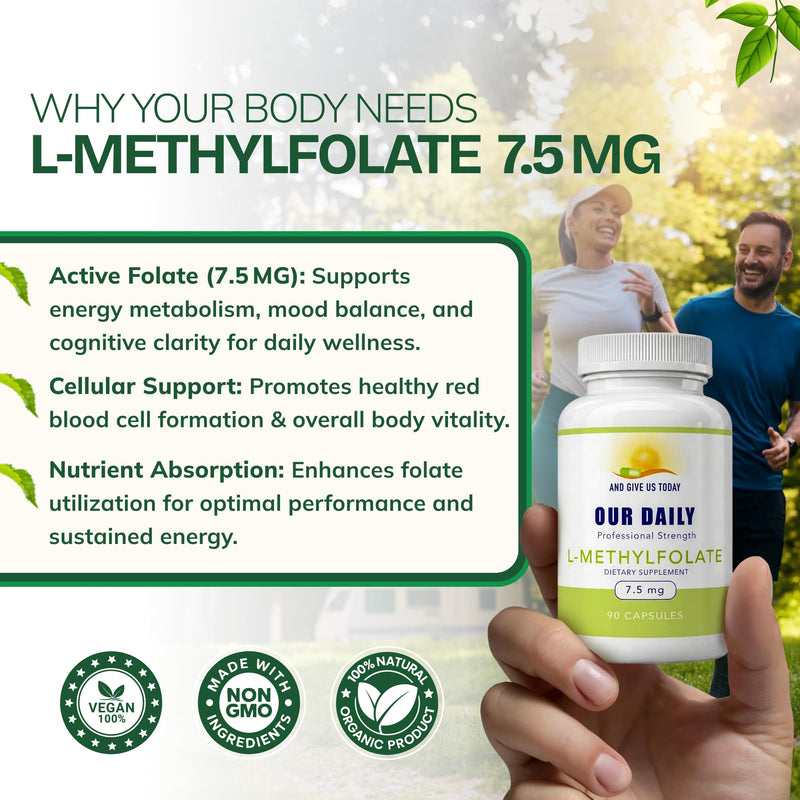 Our Daily Vites, L Methylfolate 7.5mg – Active 5-MTHF Methylated Folate Supplement for Women & Men – Methyl Folate for Brain Health, Focus & Mood Support – Gluten Free,Non-GMO– 90 Capsules,90 Servings