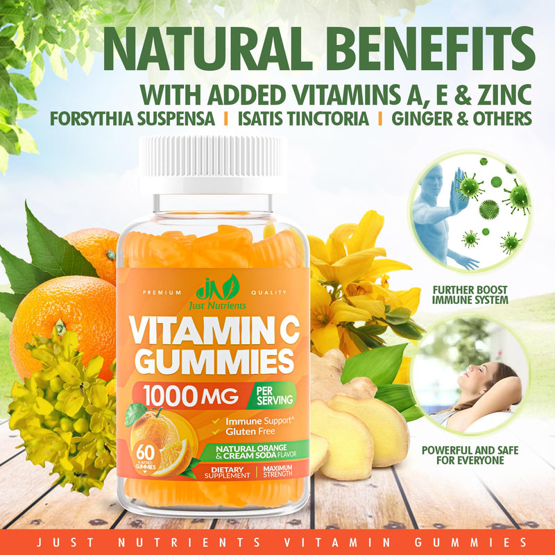 Vitamin C 1000mg Gummies for Adults & Kids – Multivitamin with Zinc & Herbal Extracts for Immune & Collagen Support for Skin – Orange Flavor – Gluten Free, Non-GMO, Vegetarian – 60 Gummies 60 Count (Pack of 1) - BeesActive Australia