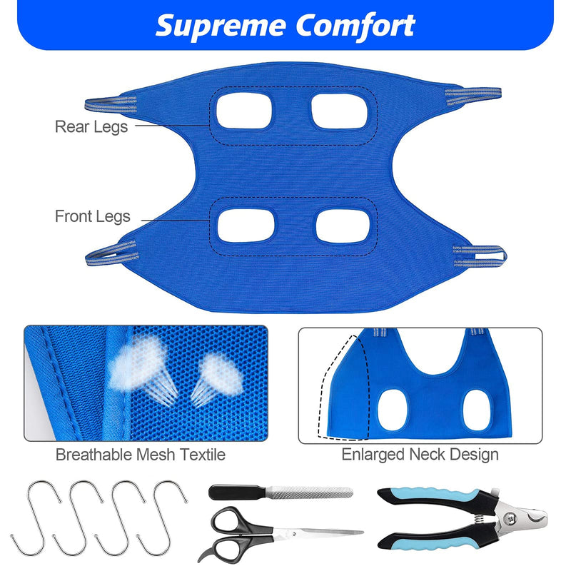 ATESON Pet Grooming Hammock for Small Dogs & Cats with Nail Clippers/Nail Trimmers/Grooming Scissors, Dog Grooming Harness for Nail Trimming, Pet Grooming Sling Helper S for Small Dogs 30LB Blue - BeesActive Australia