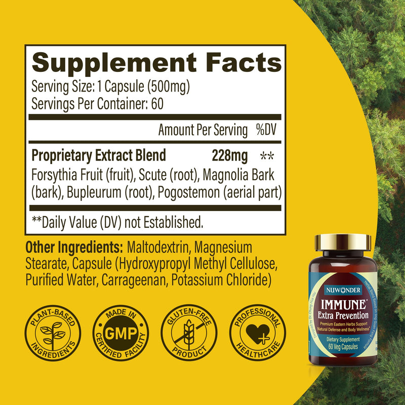 Immune Extra Prevention, Natural Immune Support, Clinically Tested Formula, Natural Defense, Body Wellness, Non-Drowsy, No Chemical Ingredient. Awarded the Greatest Inventions. 60 Capsules