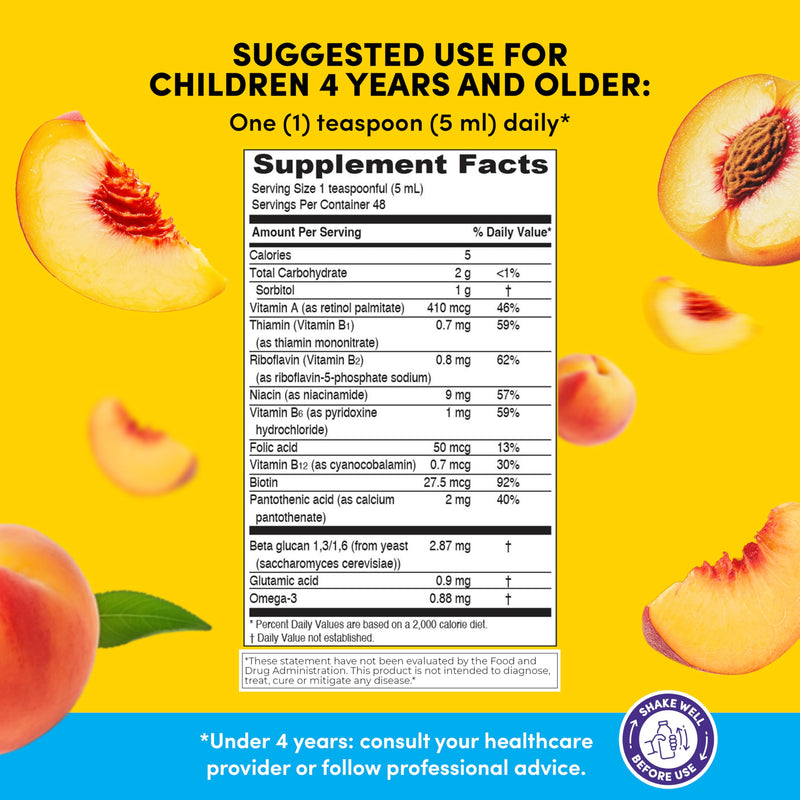 GirafKids Liquid Multivitamin for Kids with B Complex, 8 Fl Oz, Ages 4+ | Daily Child Vitamins Biotin, Vitamin A, Folic Acid, Omega-3 & Beta Glucan - Dietary Supplement for Kids Growth and Energy Peach