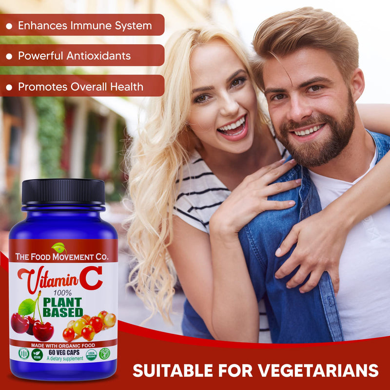 THE FOOD MOVEMENT CO. 100% Plant-Based Vitamin C 60 Capsules 125mg - Adults Immune System Antioxidant Support Dietary Supplement - Whole Food Vegan Supplements from Organic Non-GMO Gluten-Free Fruits