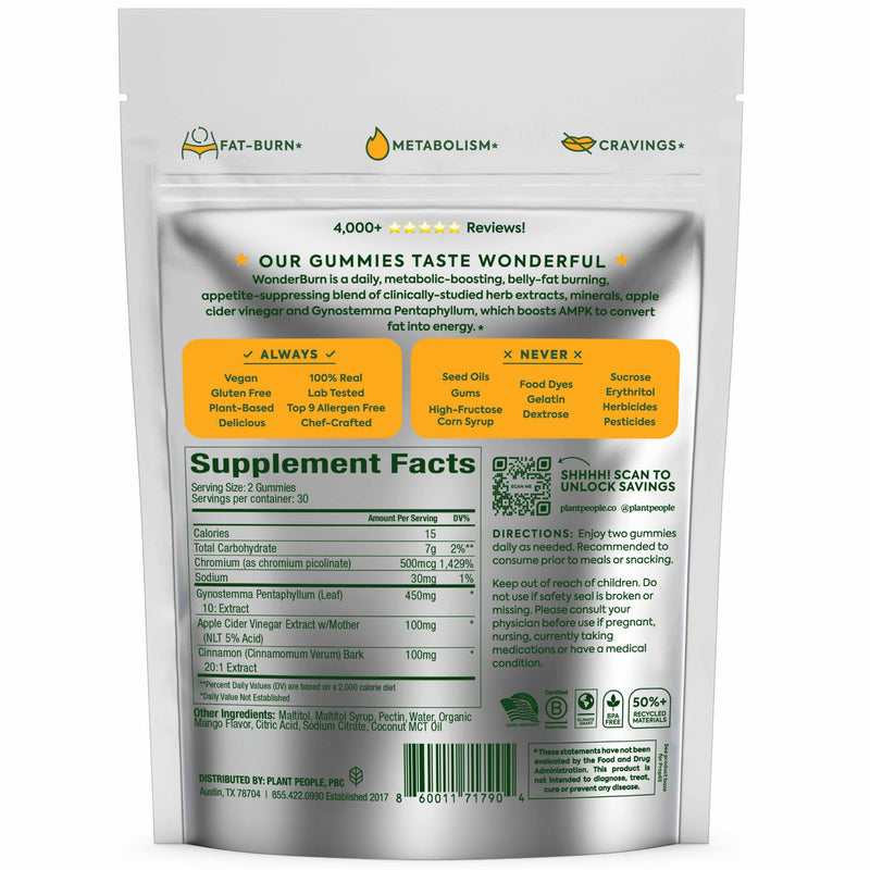 Plant People WonderBurn Metabolism & Cravings Control Gummies, Zero Sugar, Ripe Mango Flavor (60 Count)