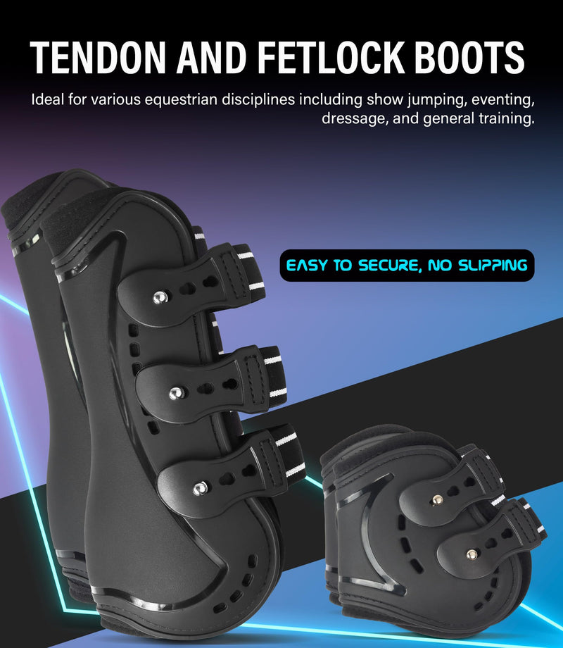 Horse Tendon Boots, Fetlock Boots & Open Front Boots for Jumping, Set of 4, Horse Protection Leg Guard, Black, Horse Size Large - BeesActive Australia