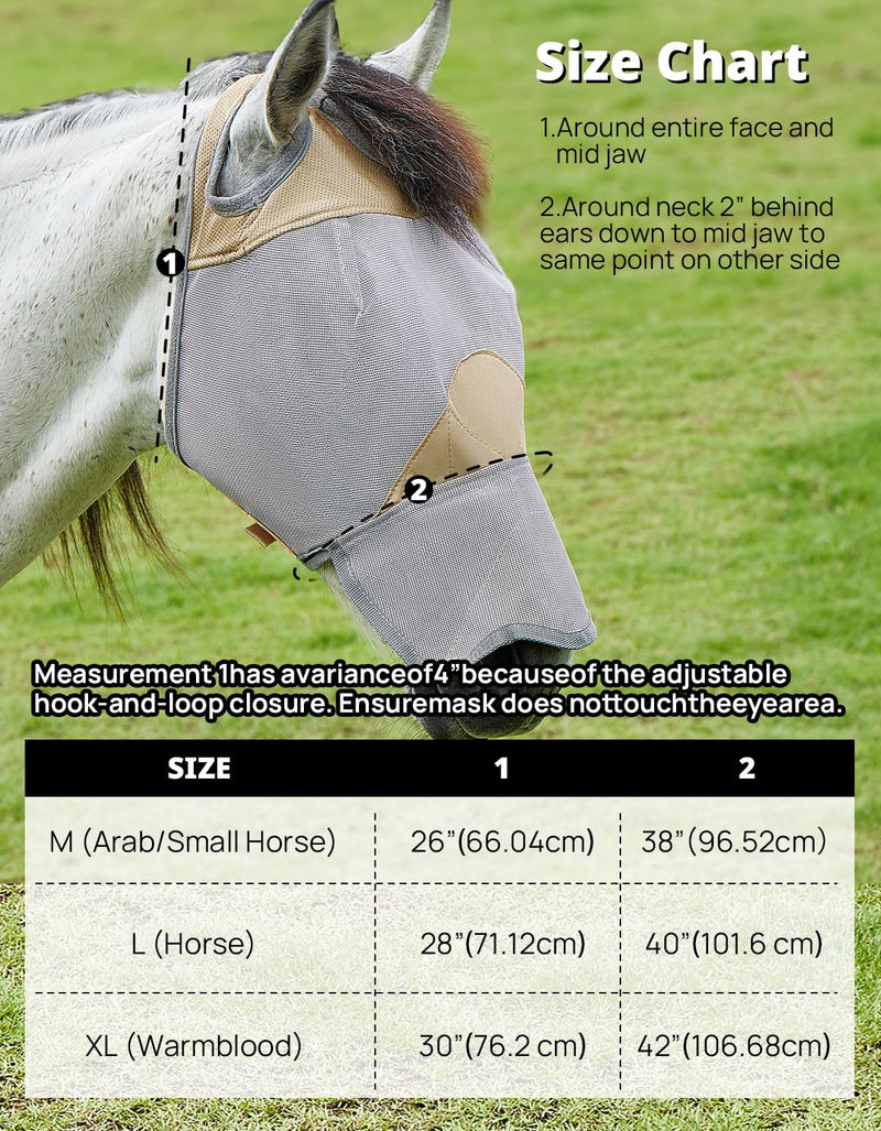 DEERFAMY Adjustable Horse Fly Mask, High-Quility Net Mesh Mask with Large Eye Space,Full Coverage, Soft & Gentle on Skin, No Ears but with Nose (Gold, L) Gold Horse(L) - BeesActive Australia