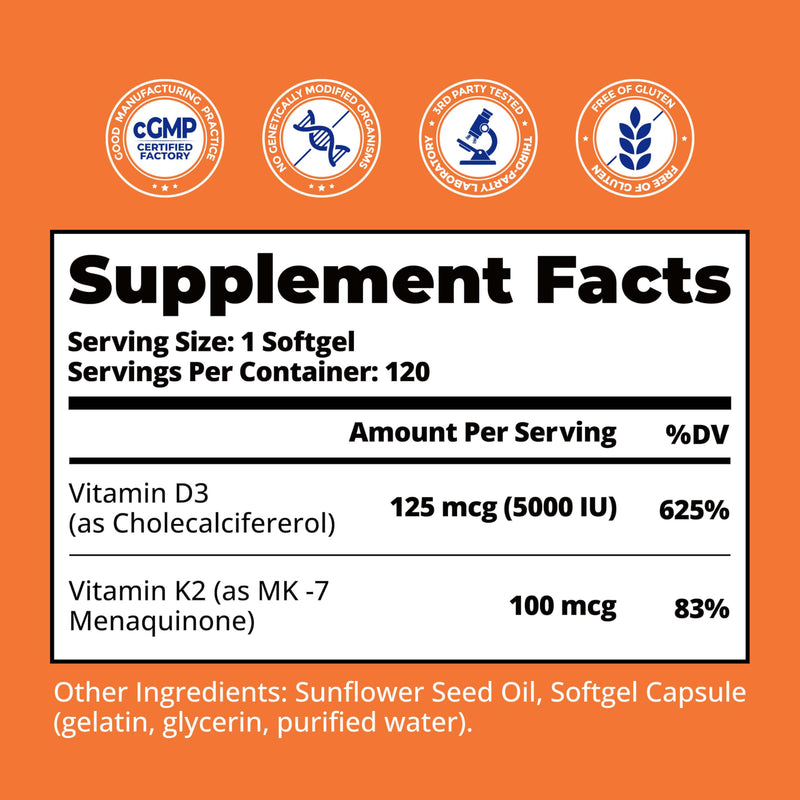 Vitamin D3 K2 5,000IU MK7 100mcg, 120 Softgels, 3rd Party Tested | Non-GMO · Soy Free · Gluten Free · Keto, Sunflower Seed Oil, Easy to Swallow for Bone & Heart Health, 4-Month Supply Vitamin D3 K2 5000IU