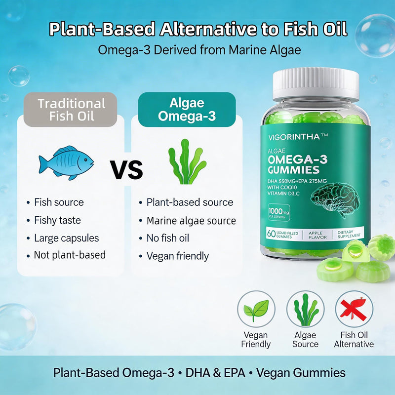 Vegan Omega 3 Gummies 1000mg with Coq 10, Vitamin D3,E,C,Omega 3 Fish Oil Alternative for Adults, Plant Based DHA 550mg & EPA 275mg for Brain, Mobility, Eye, Sugar Free, 60 Count 60 Count (Pack of 1)