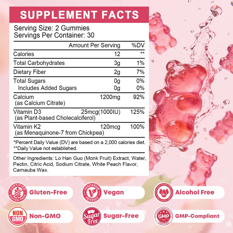 (2 Pack) Calcium Citrate with Vitamin D3 Gummies for Women 50 Plus - Bones, Teeth, Immune Support, 1200mg Calcium Citrate Gummies with Vitamin D3 K2, Vegan, Sugar-Free, White Peach Flavor, 120 Count