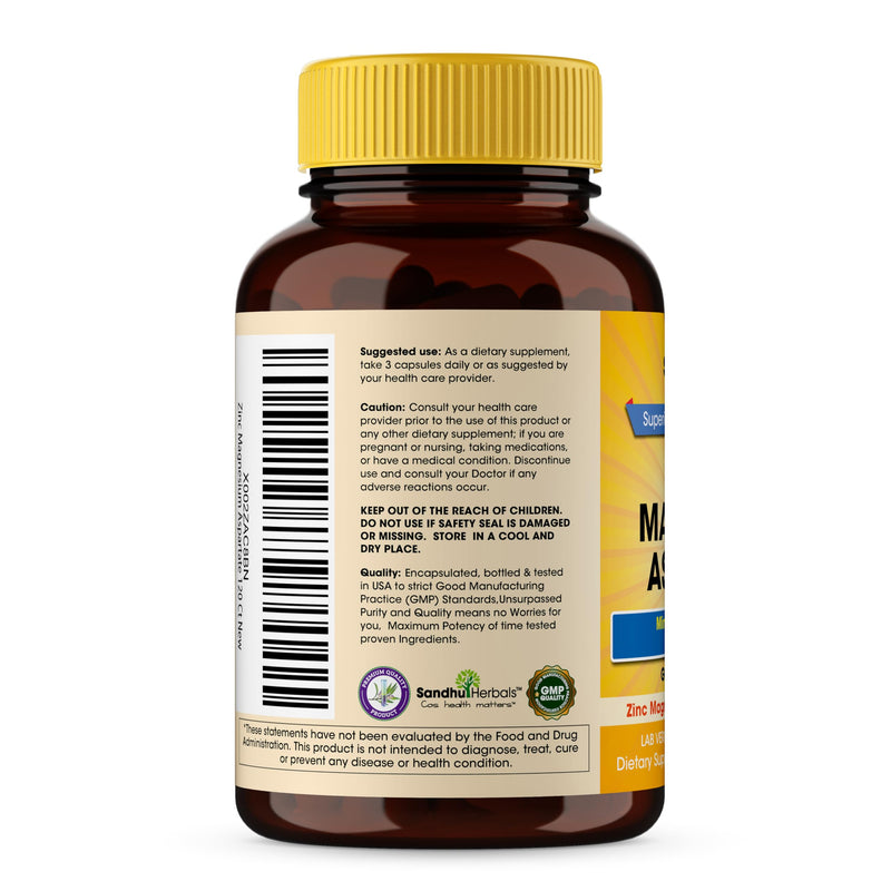 SANDHUHERBALS Zinc Magnesium Aspartate Supplement 120 Capsules| with Vitamin B6 & Zinc | High Absorption, Sleep and Immune Support | for Men & Women Magnesium Zinc Aspartate 120 Count (Pack of 1)