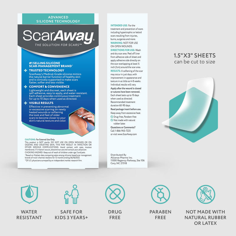 ScarAway Advanced Clear Silicone Scar Sheets, Medical Grade Silicone Strips (1.5" x 3") Scar Treatment and Prevention for Surgical, Burn, Body, Hypertrophic & Keloid Scar Treatment, 10 Clear Sheets 10 Count (Pack of 1)