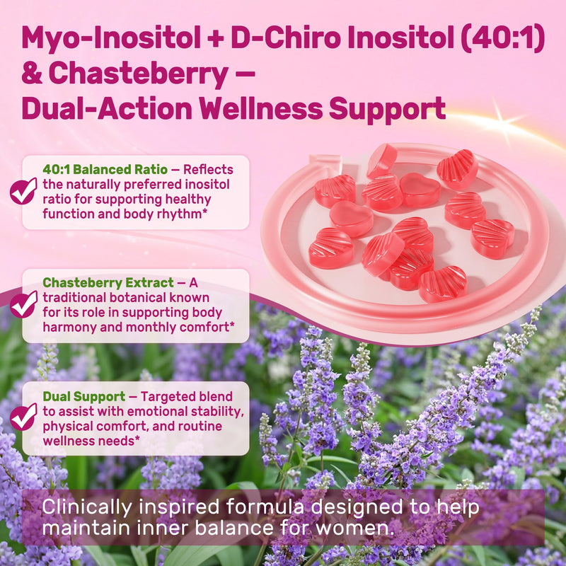 Inositol Gummies for Women + Chasteberry, Myo-Inositol & D-Chiro Inositol 2000mg + 50mg Ideal 40:1 Ratio with Methylated B12 & Folate, Choline, Magnesium,Vitamin D3 for Overall Health,Sugar Free,60Cts 60 Count (Pack of 1)
