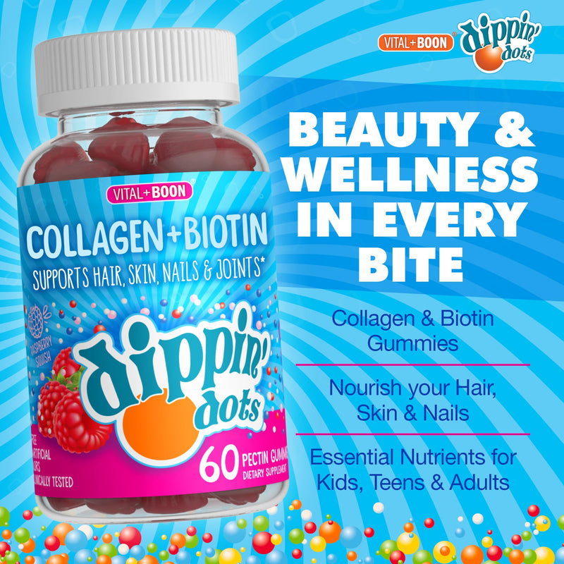 Dippin' Dots Hair Skin and Nails Vitamins, Biotin Collagen (60ct) | 10,000mcg biotin gummies, hair growth supplements, hair vitamins for women; vegan, non-GMO gluten free. 60 Count (Pack of 1)
