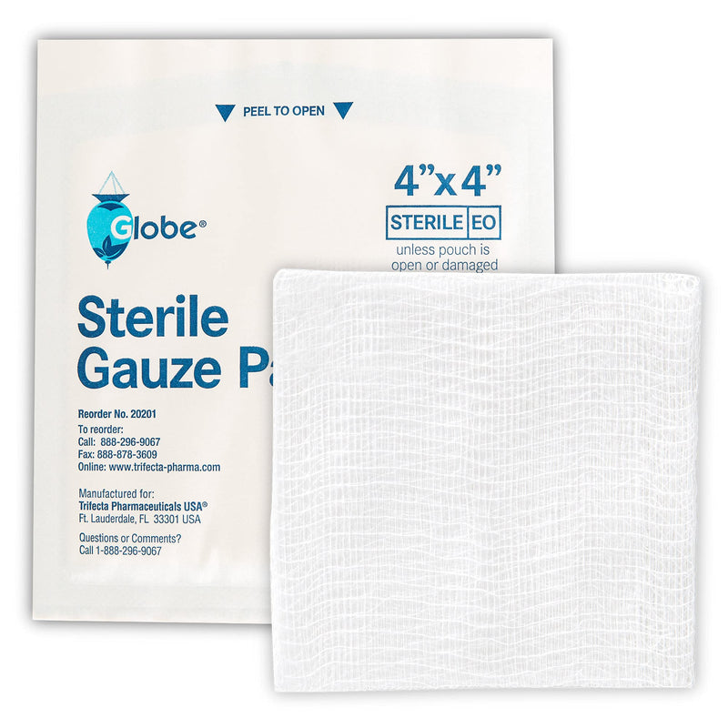 Globe 4’’ x 4" Advanced Sterile Gauze Pads for Wound Dressing| 100-Pack, Individually Packed | 12-Ply Cotton & Highly Absorbent| Advanced Gauze Sponge-Pads for Wound Care & Home First Aid Kits (4 x 4) 4" x 4" - BeesActive Australia