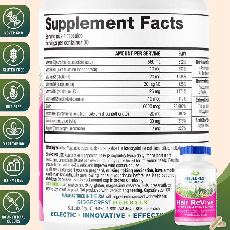 RidgeCrest Herbals Hair Revive Hair Growth Vitamins with Biotin 120 Ct | 30 Servings, Vitamin C, Biotin 6000mcg, Zinc, Copper, Natural Hair, Skin and Nail Health Formula for Women