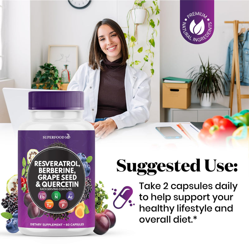 Resveratrol Berberine Grape Seed Extract Quercetin - Polyphenol Supplement with Noni Extract, N-Acetyl Cysteine, Acai Extract - Made in The USA - 120 Capsules 120 Capsules (Pack of 2) - BeesActive Australia