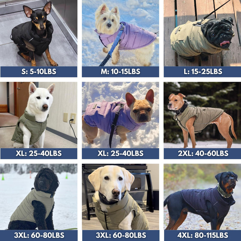 Spark Paws Dog Winter Jacket, Water-Resistant Coat, Warm Reflective Windproof Fleece-Interior, for Medium and Large Dogs - Olive - 3XL 3XL: 60-80lbs - BeesActive Australia