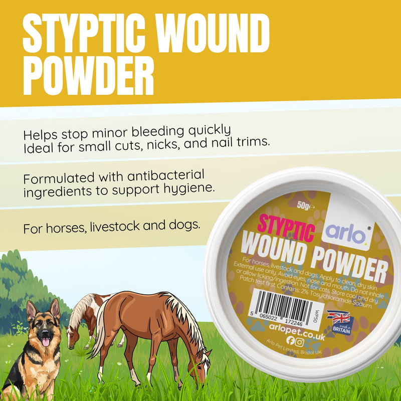 Wound Powder 50g for Pets & Horses | Fast-Dry Styptic Formula Helps Keep Wounds Clean | Non-Sting, Moisture Control Powder for Cuts, Grazes & Rubbing - Easy Dip Pot