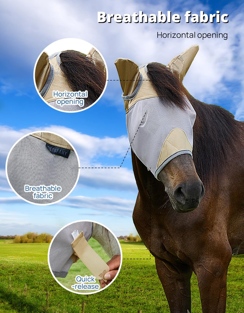 DEERFAMY Fly Masks for Horses,Breathable UV Protection Net Mesh Mask Stretchy Mesh Large Eye Space in Full Coverage,Soft & Gentle on Skin,with Ears,No Nose（Gold, L） Gold Horse(L) - BeesActive Australia