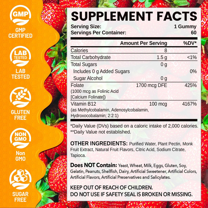 Folinic Acid for Kids & Adults 4+, 1mg Folinic Acid & B12, 60CT | Healthy Brain Support, MTHFR-Friendly, Folic Acid Alternative, Non-GMO, Sugar Free, Strawberry Flavor
