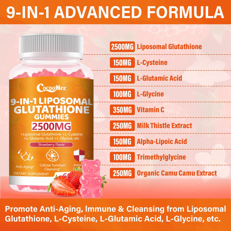 2 Packs 2500MG Liposome Glutathione Gummies, Composite L-Cysteine, Collocation Milk Thistle, Increas 98% Absorption Rate, Antioxidant Anti-Aginga 60 Count (Pack of 2)
