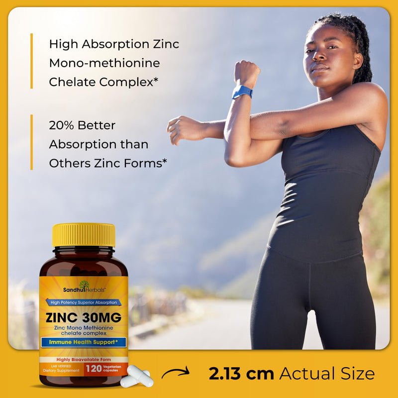SANDHUHERBALS Zinc 30mg Capsules for Men & Women | 120 Count (Pack of 1) | Zinc Supplements for Immune & Antioxidant Support | Zink 30 mg Supplement Supports Skin Health
