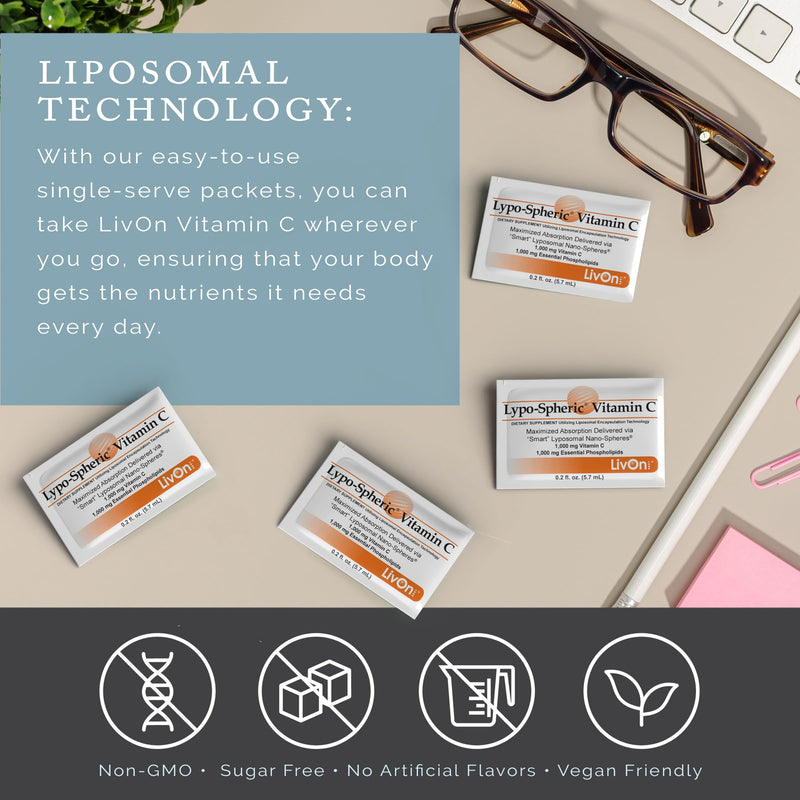 LivOn Laboratories Lypo-Spheric Vitamin C, 1000 mg Vitamin C and Essential Phospholipids Per Packet, Liposome Encapsulated for Improved Absorption, Non-GMO, 0.2 Fl Oz (Pack of 30) 30 Count (1 Pack)