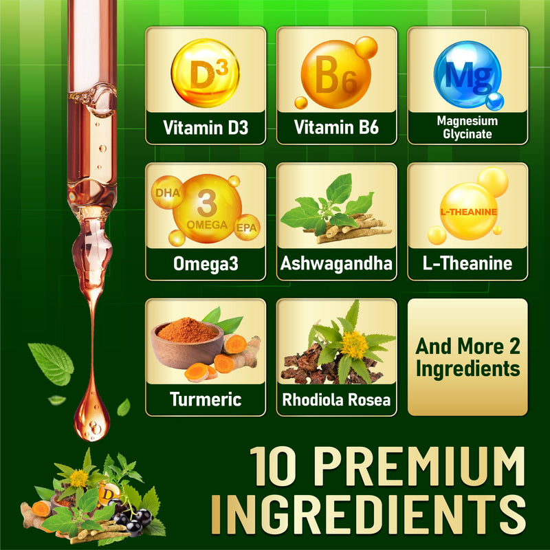10in1 Magnesium Glycinate Liquid Drop with Omega-3, Vitamin D3, Vitamin B6, Ashwagandha, L-Theanine, Turmeric, Rhodiola Rosea, Elderberry, Lemon Balm - 1 FL Oz - 30 Days Supply