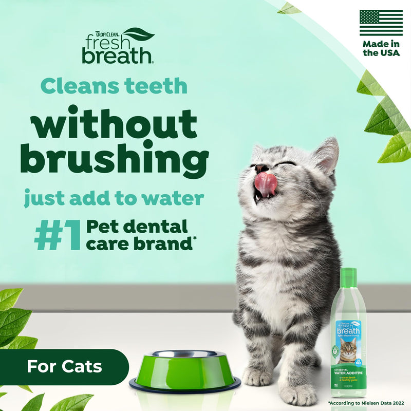 TropiClean Fresh Breath Water Additive for Cats, Cat Teeth Cleaning and Breath Freshener Solution, Complete No Brushing Dental Care, 16 oz. 16 Fl Oz (Pack of 1) Water Additive (Original)