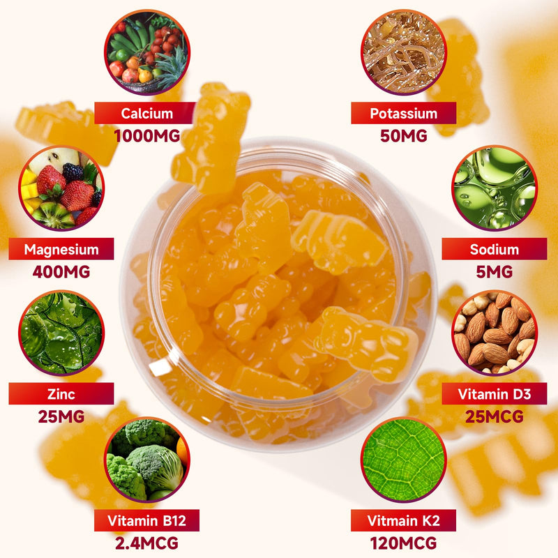 Calcium Gummies 1000mg with Vitamin D3 K2 & B Complex, Potassium, Calcium Magnesium Zinc Gummies for Bone, Muscle, Mood and Immunity - Orange Flavor 60 Gummies 1 Pack