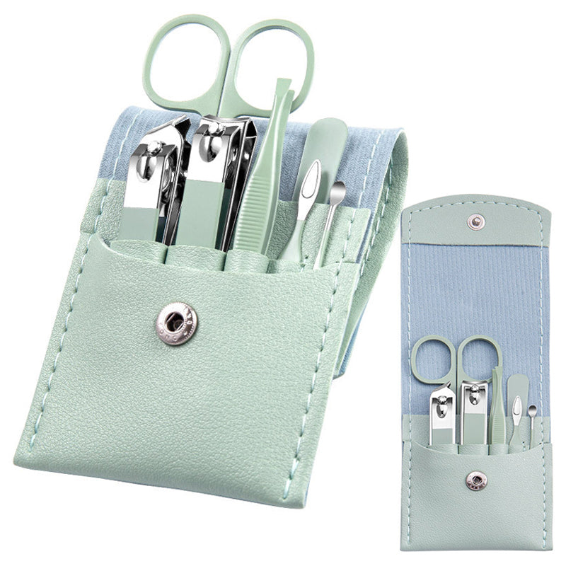 Manicure Set Nail Kit - 7 Pcs Travel Nail Clippers with Green Leather Bag