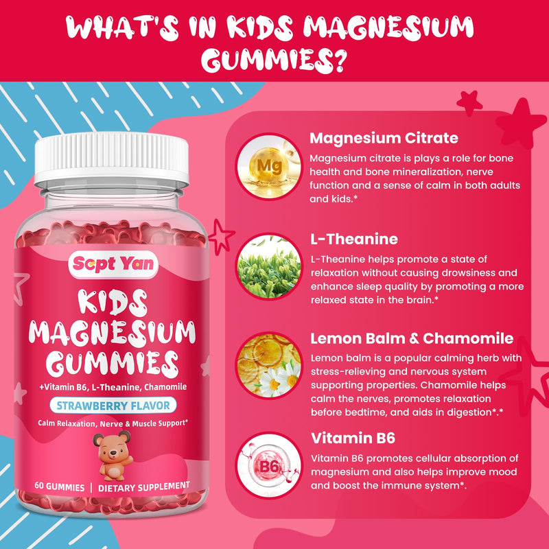 (2 Pack) Magnesium Gummies for Kids - Magnesium Citrate Supplement with Vitamin B6, L-theanine, Chamomile & Lemon Balm - Calm Magnesium for Kids & Adults Sleep, Relaxation - Strawberry,120 Gummies 120 Count (Pack of 1)