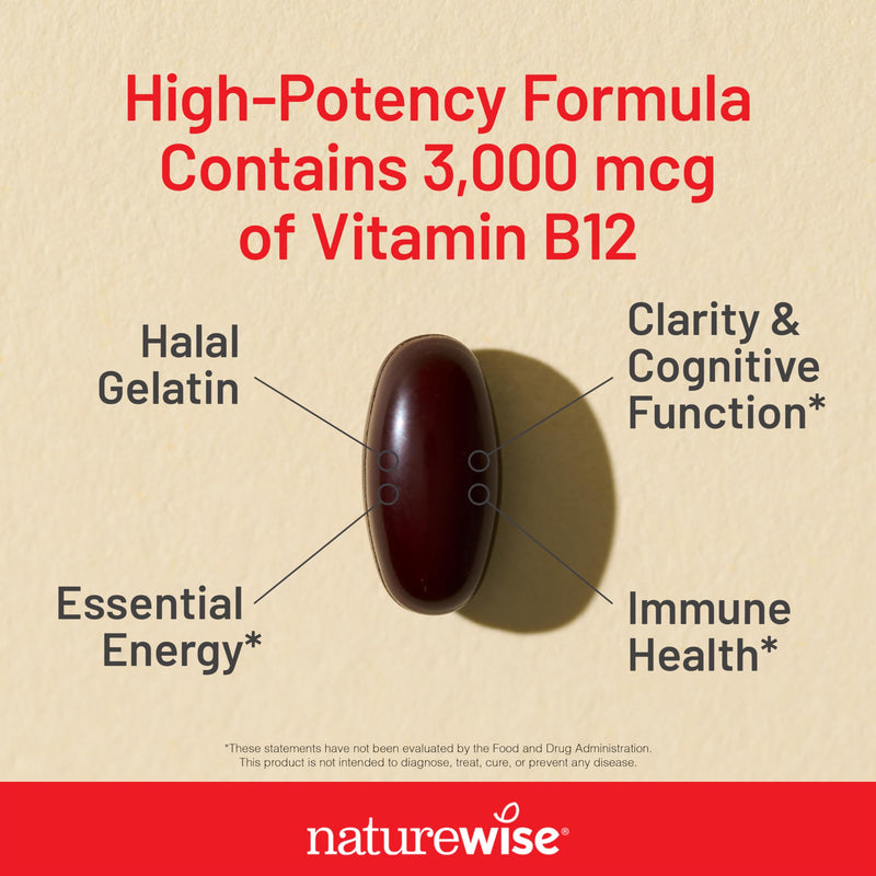 NatureWise Vitamin B12 3000 mcg - Extra Strength - Supplement for Supporting Energy Levels, Mental Clarity, Nervous System Health - Easy-to-Swallow, Soy and Gluten-Free, Non-GMO - 60 Softgels