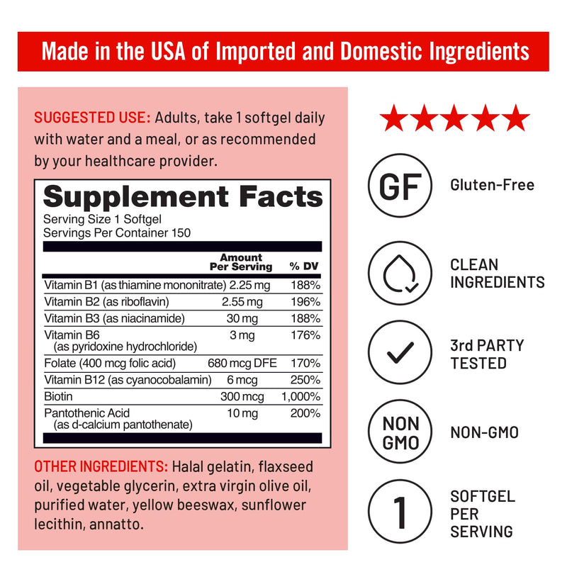 NatureWise Vitamin B Complex for Women and Men - with Folic Acid Biotin B1 B2 B3 B6 B12 - Support Cellular Energy & Mental Clarity - Gluten & Dairy Free, Non-GMO - 150 Softgels[5-Month Supply] 150 Count (Pack of 1)