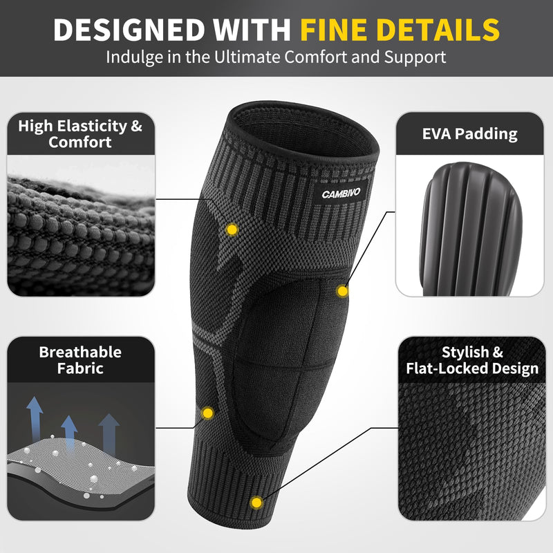 CAMBIVO Calf Compression Sleeves with EVA Pads for Shin Splints, Shin Guards for Men & Women, Leg Support for Running, Workouts, Soccer, Football, and Daily Use (Black, X-Large) Pure Black