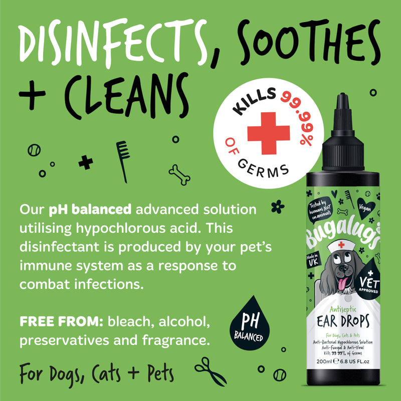 BUGALUGS Antiseptic Ear Drops 200ml – Ear Disinfection, Kills bacteria, Stops Odours, Scratching & Discomfort, Anti-fungal (Yeast), Veterinary-grade, for Dogs, Cats & all other animals Dog 200ml